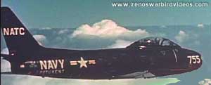 Photo of a North American FJ2 fighter in flight, the US Navy's variant of the F-86 Sabre Jet.